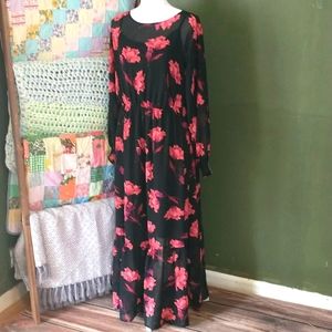 AVA & VIV sheer black maxi dress with dark pink flowers elastic waist & wrist